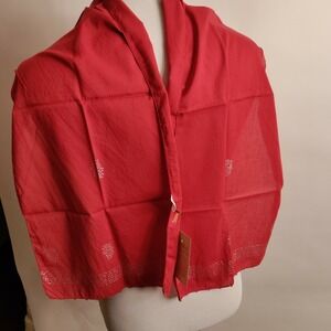 SOMA Made in India Cotton Scarf 12.5"x60" Red Silver Mettalic Pattern Beaded